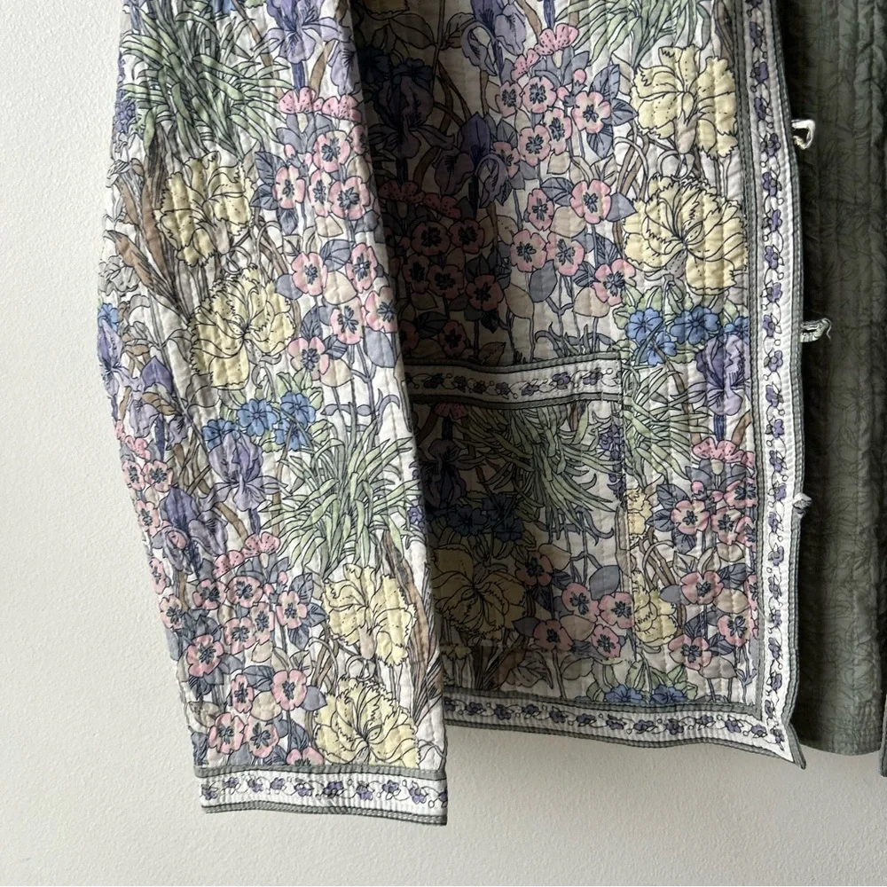 Cottagecore Floral Quilted Reversible Jacket Coat Large Green Pink Yellow Purple
